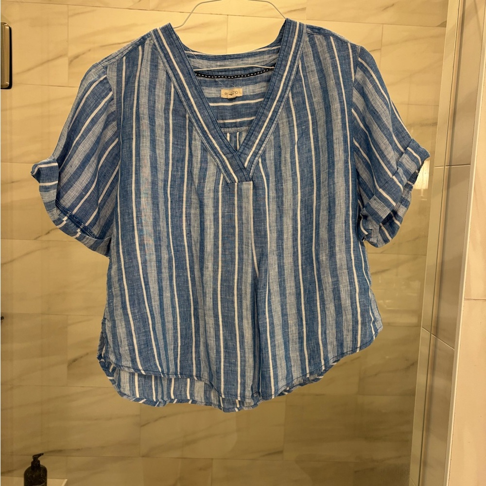 Pilcro Blue and White Ruffled Short Sleeve Blouse